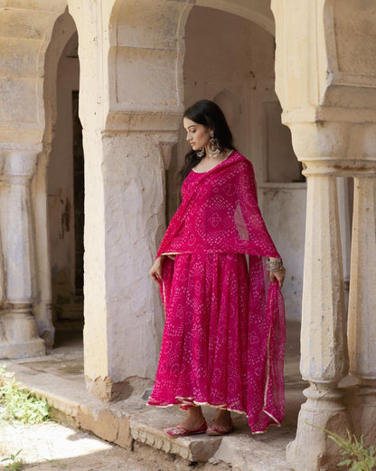 Digital Print Pink Colour organza silk Anarkali Suit Set with huge flair