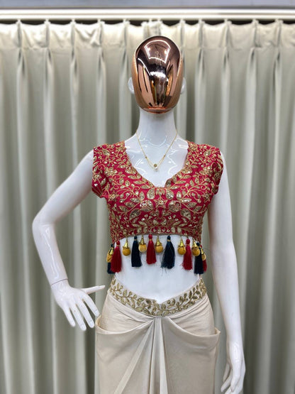 Cream Cowl Skirt Pink Blouse and Shrug With Embroidery Western Look Outfit