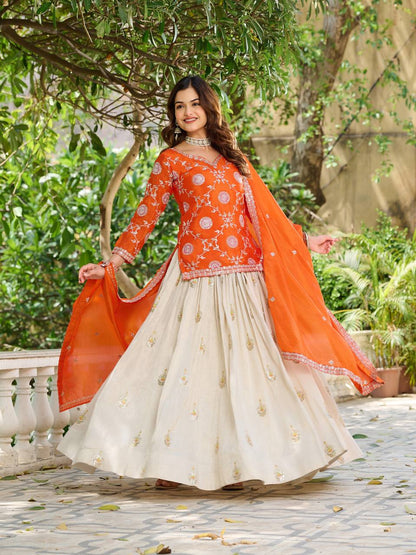Orange Color Wedding Wear Zari Sequins Embroidery Work Lehenga Choli