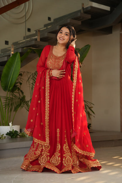 Red Color Faux Blooming Embroidered Gown
