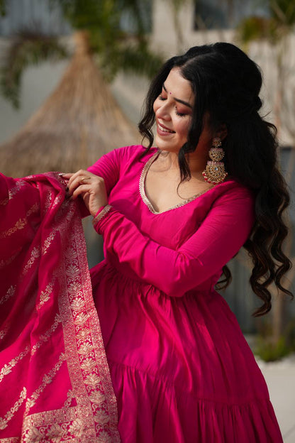 Charming Hot Pink Anarkali Suit With Banarsi Silk Dupatta