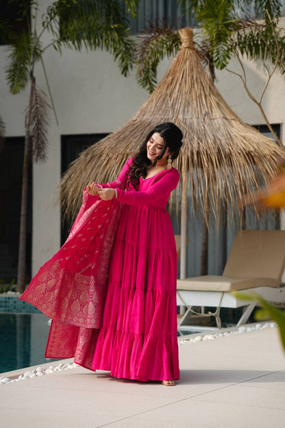 Charming Hot Pink Anarkali Suit With Banarsi Silk Dupatta