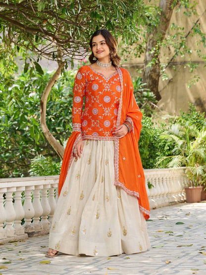 Orange Color Wedding Wear Zari Sequins Embroidery Work Lehenga Choli