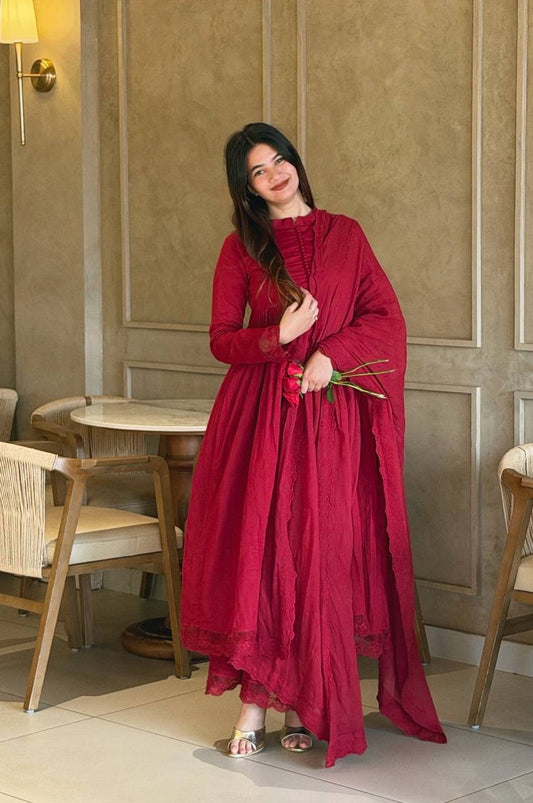 Arabian Red Roman Silk Embroidered Gown Set with Bottom and Cut Work Dupatta