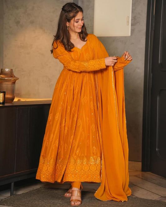 Mustard Embroidered Georgette Sequence Work Anarkali Suit Set